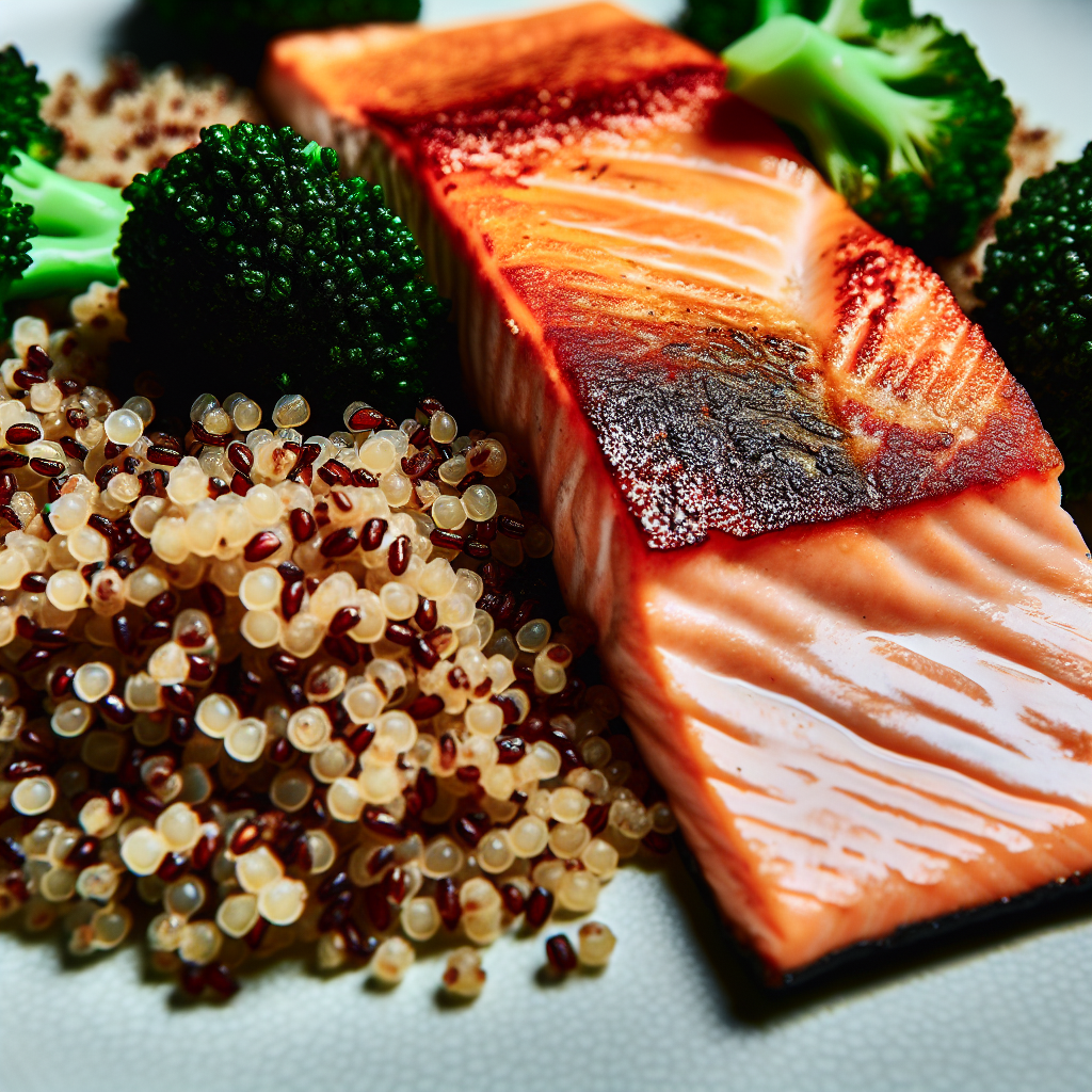 Pan-Seared Salmon with Quinoa and BroccoliBy FreeTastyRecipes.com